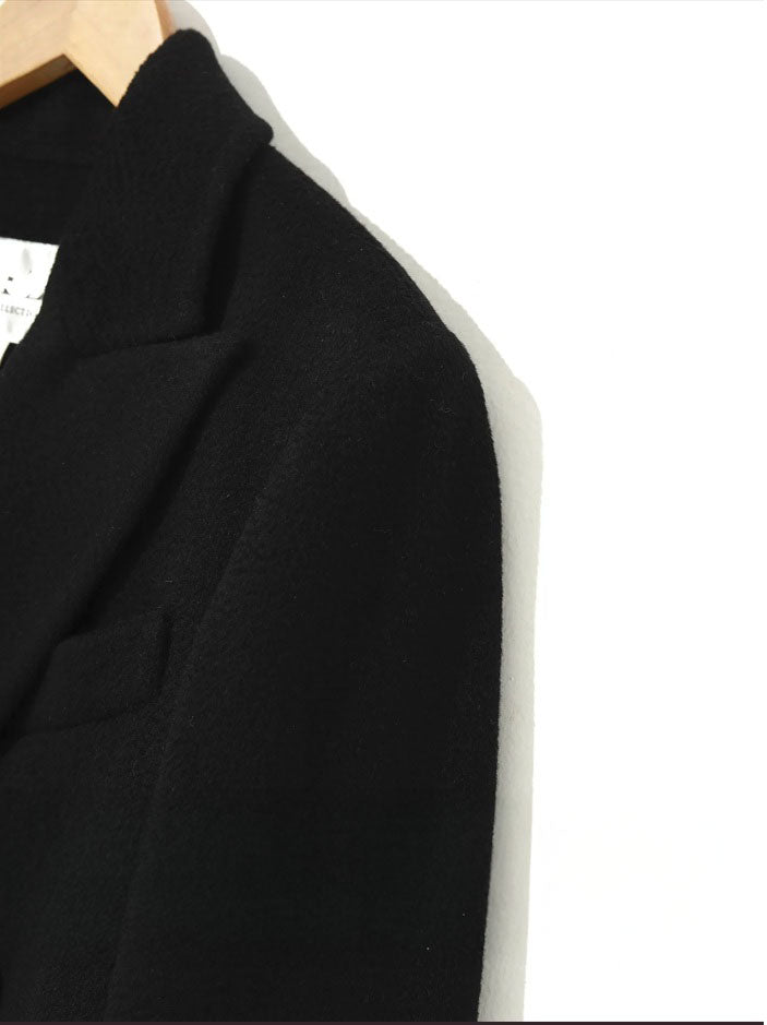 Shoulder detail of the Onyx cashmere wool coat showing sleeve seam and structure. From Borcelleclothes.