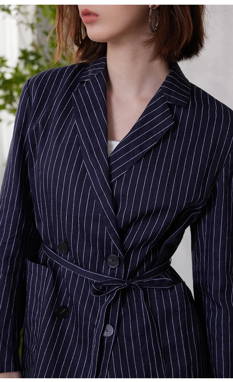 Mirage blue striped ramie blazer, upper and middle section view with lapels, belt loops, and fabric luster – From Borcelleclothes.