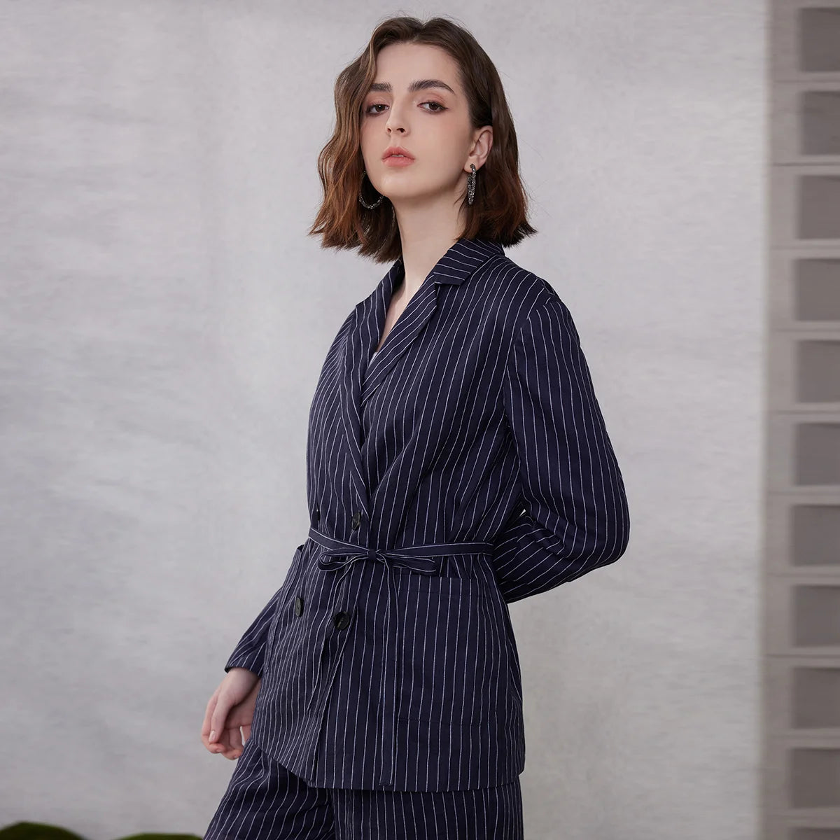 Women's Double-breasted ramie blazer in Mirage, wide stripes with natural luster, waist belt and bold accents – From Borcelleclothes.