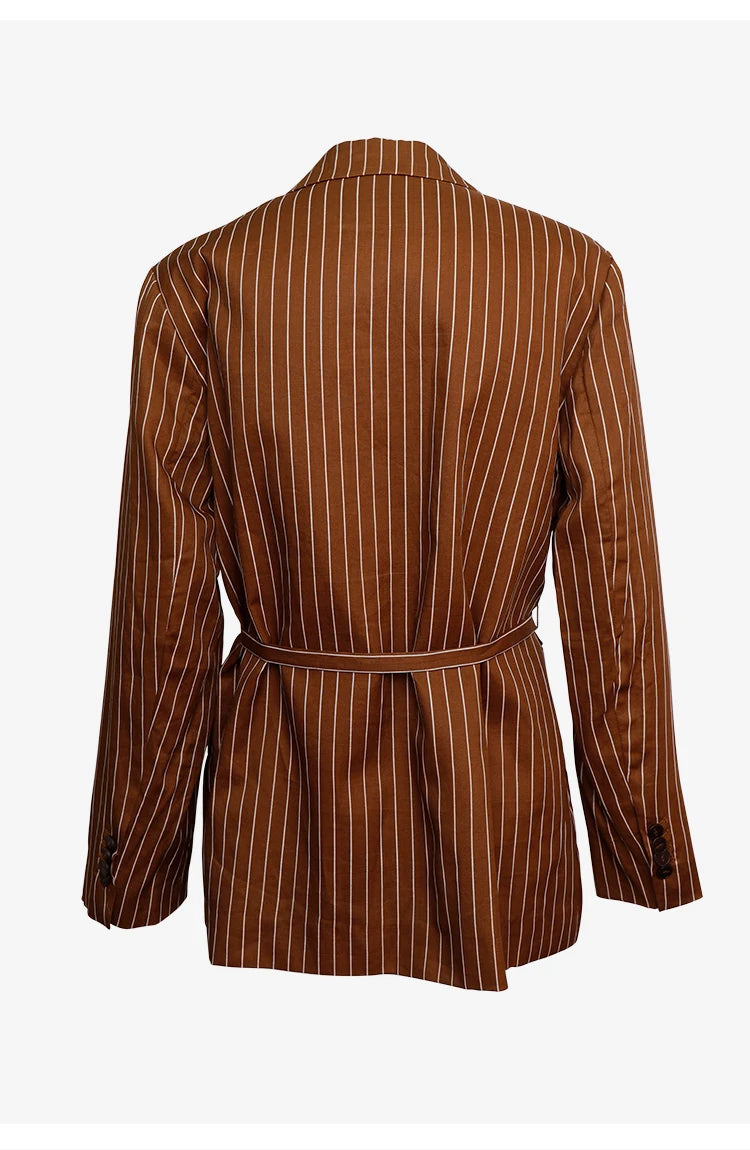 Back view of Russet copper striped ramie blazer with belted waist and straight hem – From Borcelleclothes.