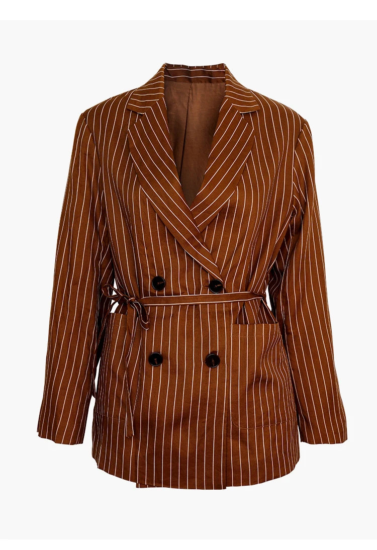 Front view of Russet copper ramie blazer with bold wide stripes, double-breasted design and waist belt – From Borcelleclothes.