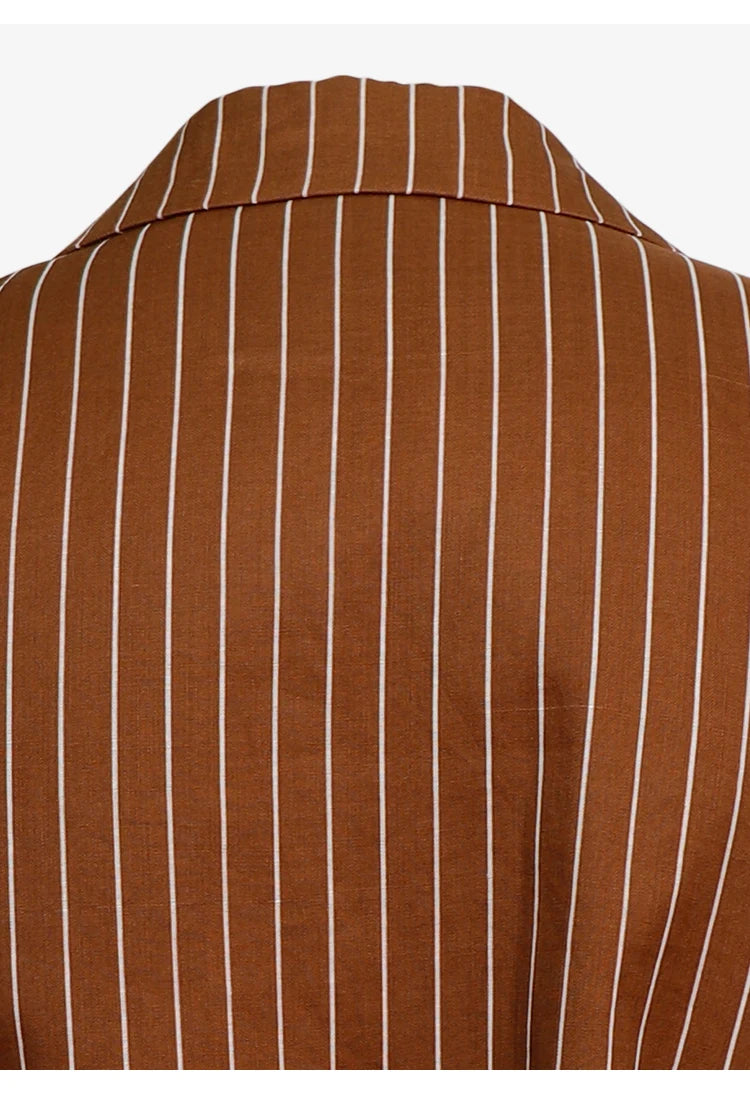 Upper back view of Russet copper striped ramie blazer, structured shoulders and belt loops – From Borcelleclothes.