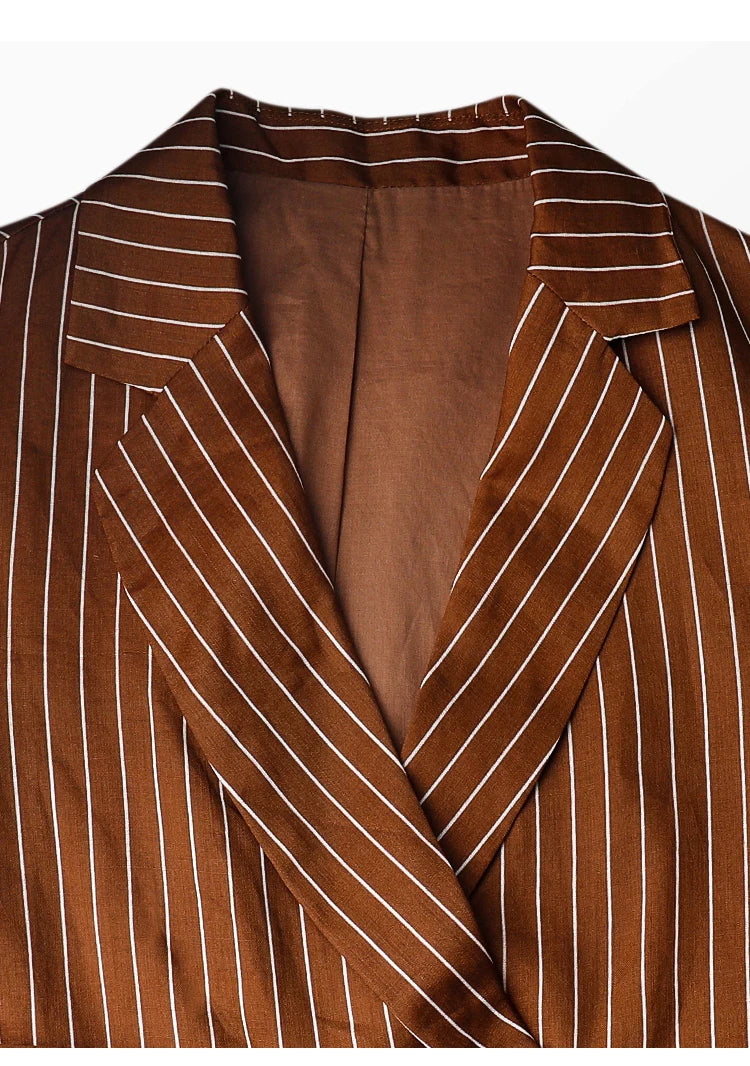 Russet copper double-breasted ramie blazer, close-up of upper part with lapels and striped fabric – From Borcelleclothes.