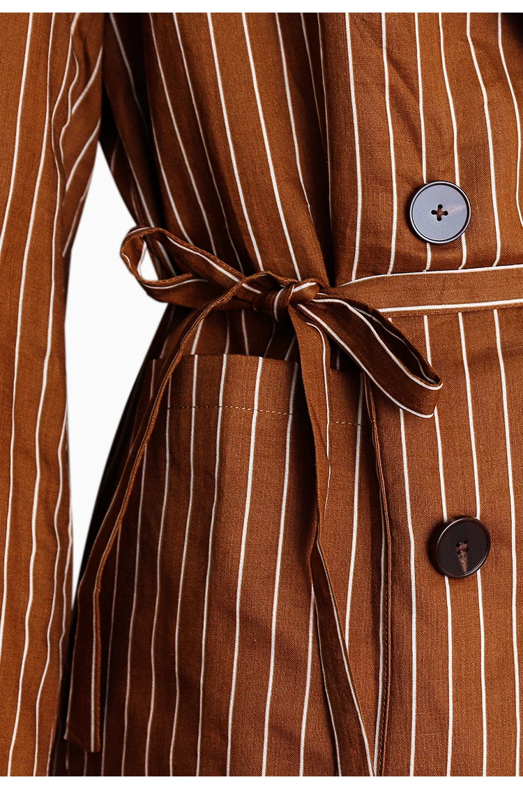 Russet copper striped ramie blazer, waist section close-up with tied bow belt accent – From Borcelleclothes.