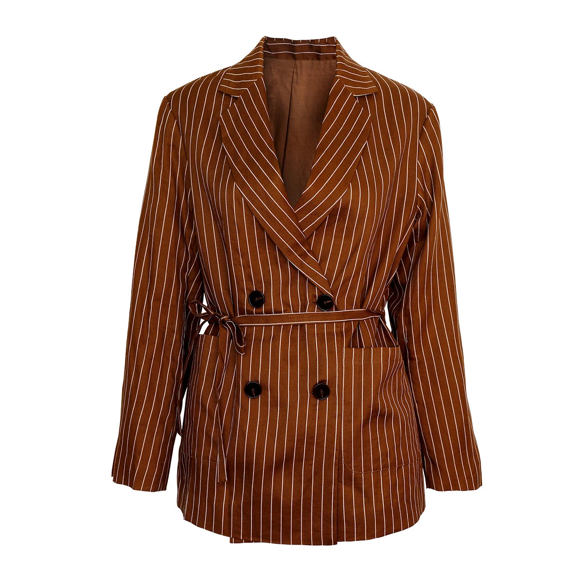 Women's Double-breasted ramie blazer in Russet, wide stripes with natural luster, waist belt and bold accents – From Borcelleclothes.