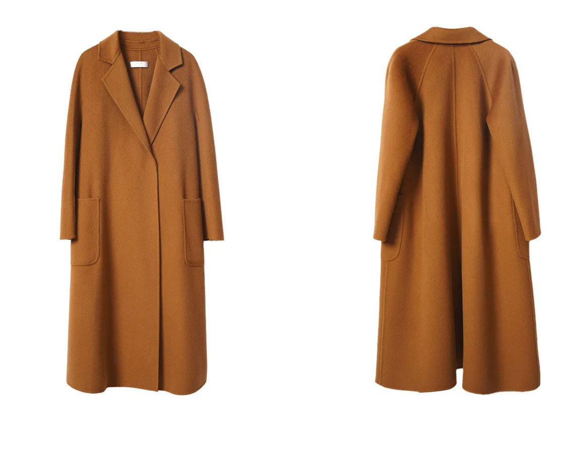 Front and back view of a women's Double-Sided Cashmere Wrap coat in Sienna. From Borcelleclothes.