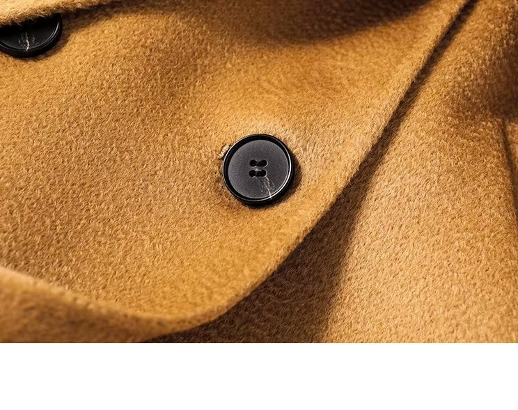 The buttons on the Women's Double-Sided Wool-Cashmere Coat in Brown Sugar, showcasing the precision tailoring and elegant design. From Borcelleclothes.