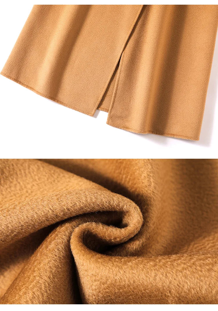 Collage showing the bottom part of the Women's Double-Sided Wool-Cashmere Coat in Brown Sugar and the fabric being held to display its texture. From Borcelleclothes.