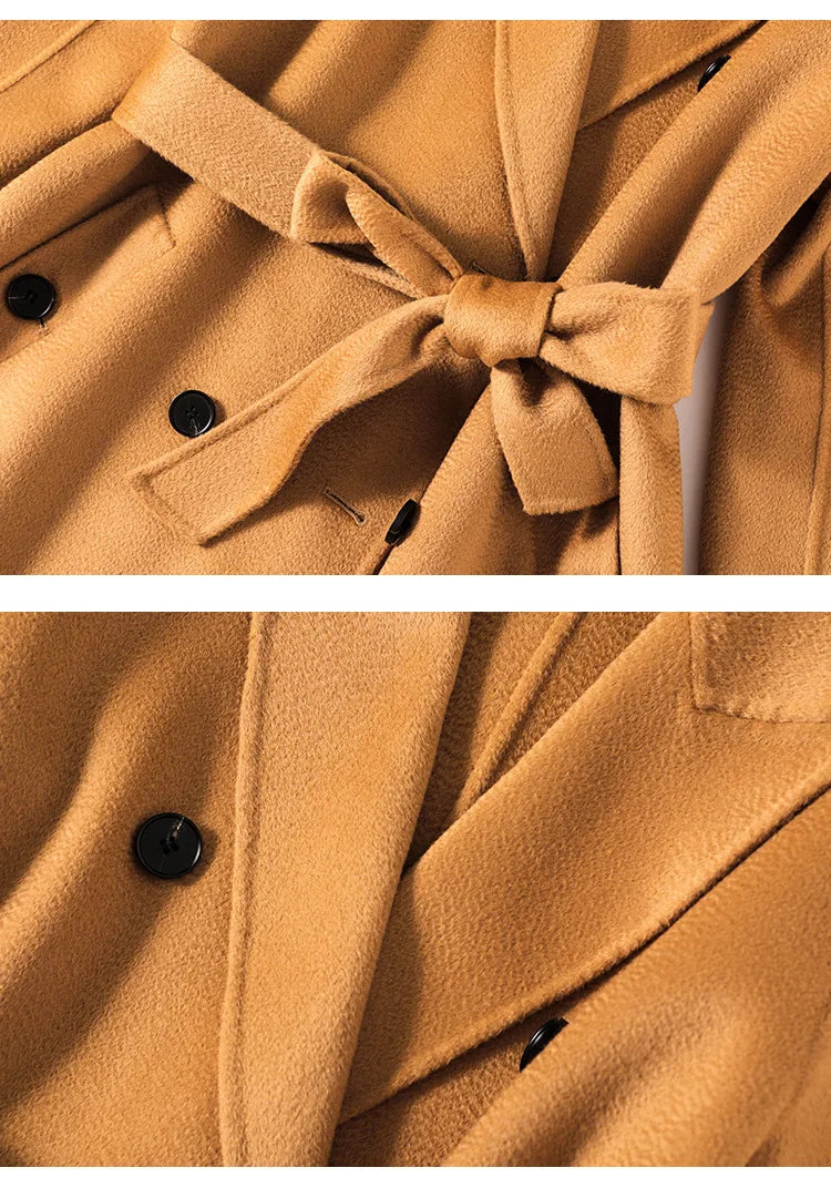 Collage of the Women's Double-Sided Wool-Cashmere Coat in Brown Sugar, highlighting the cinched belt and sharp peaked lapels for a refined silhouette. From Borcelleclothes.