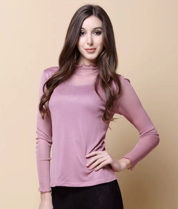 Women's dual-layer silk top in Lily color with gauze silk overlay, ruffled high neck, and rhinestone accents. From Borcelleclothes.