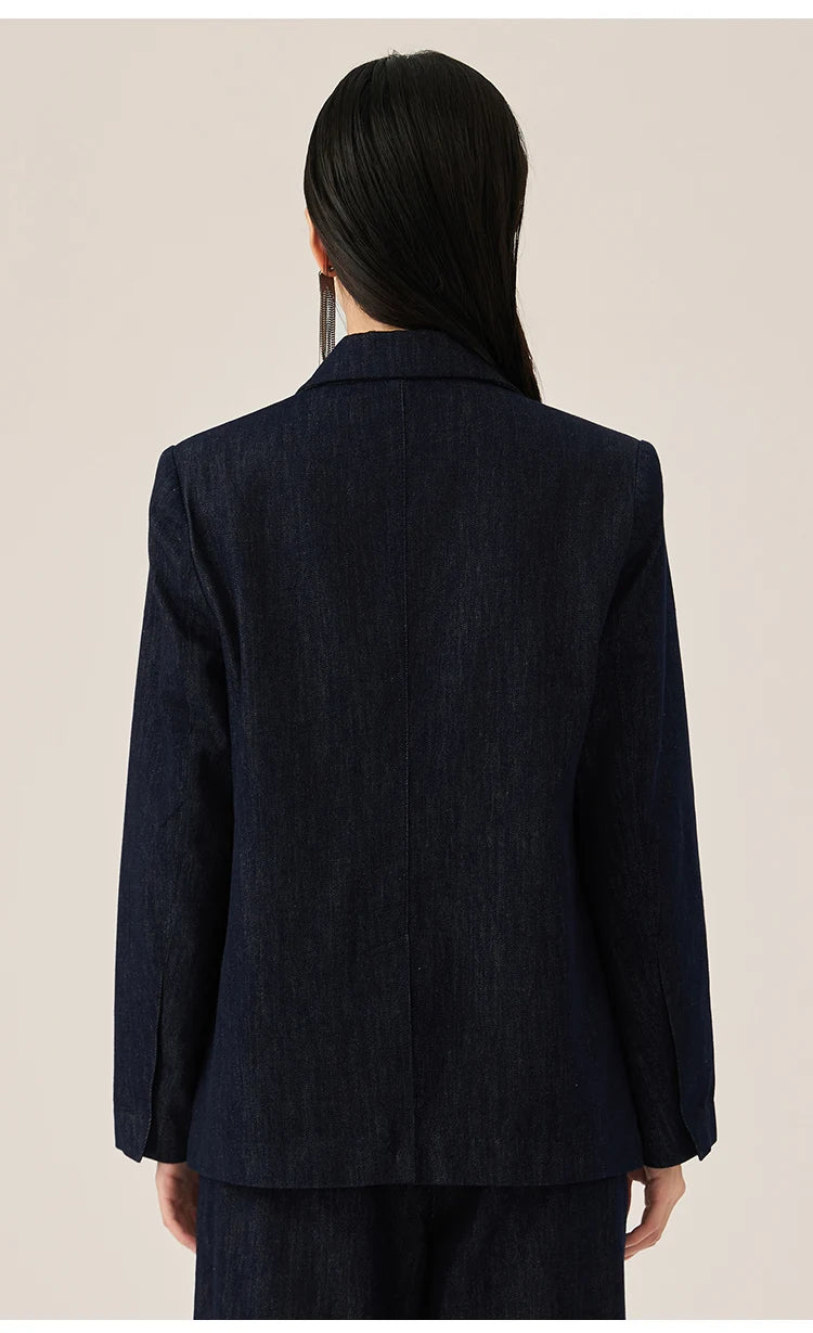 Back view of Ebony Clay denim blazer highlighting straight hem and clean shoulder line – From Borcelleclothes.