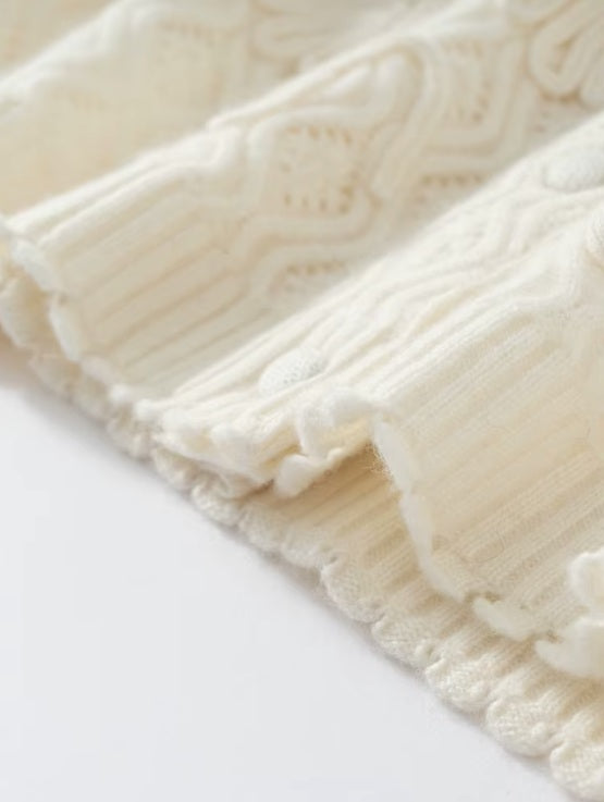 The bottom hem of the women's Embossed Lace Cashmere Cardigan in Pearl Bush, highlighting its scalloped edges and lace detailing, Borcelleclothes.