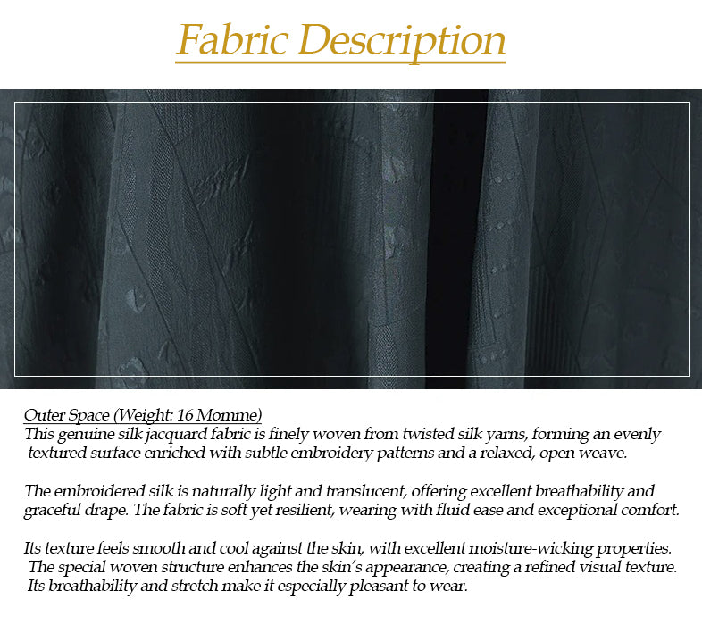 Embroidered jacquard silk fabric in Outer Space with description. From Borcelleclothes.