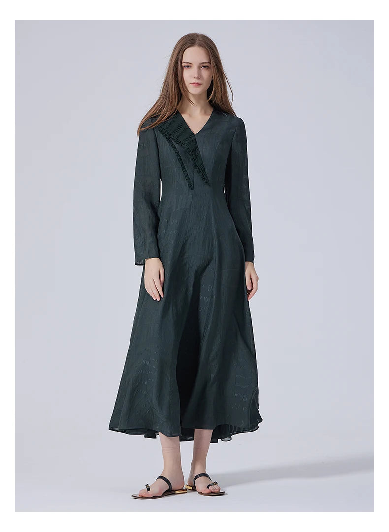 Women's embroidered jacquard silk dress in Outer Space color, with asymmetrical lapel and flared silhouette. From Borcelleclothes.
