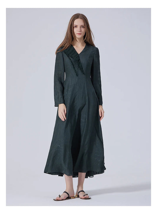 Women's embroidered jacquard silk dress in Outer Space color, with asymmetrical lapel and flared silhouette. From Borcelleclothes.