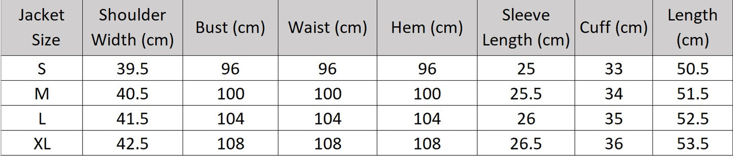 Women's size chart for a jacket of two-piece set in Fiord grey-blue — features a short five-button jacket and wide-leg trousers with crossed front pleats, crafted in fluid, softly textured fabric. From Borcelleclothes.