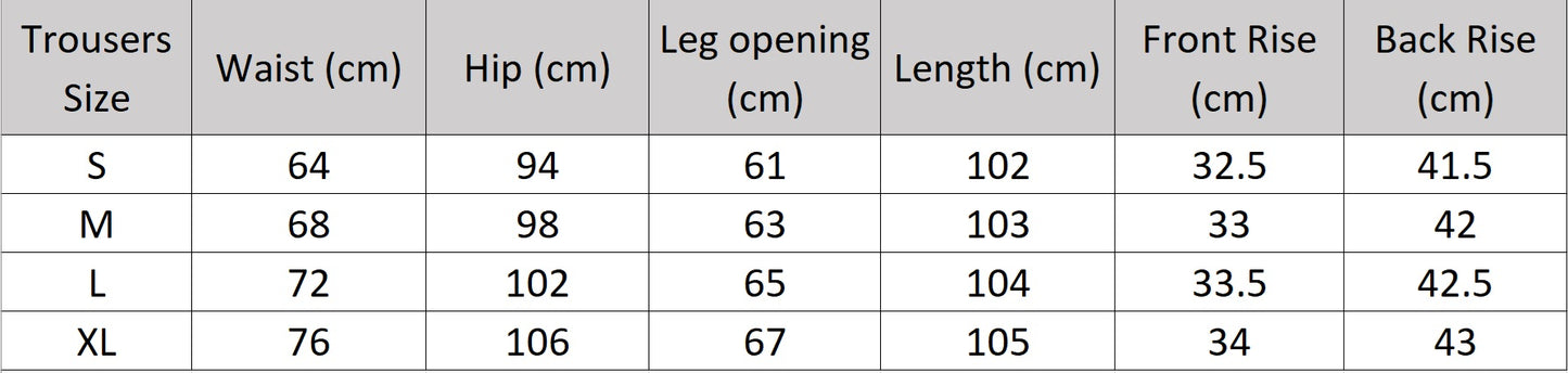 Women's size chart for trousers of two-piece set in Fiord grey-blue — features a short five-button jacket and wide-leg trousers with crossed front pleats, crafted in fluid, softly textured fabric. From Borcelleclothes.