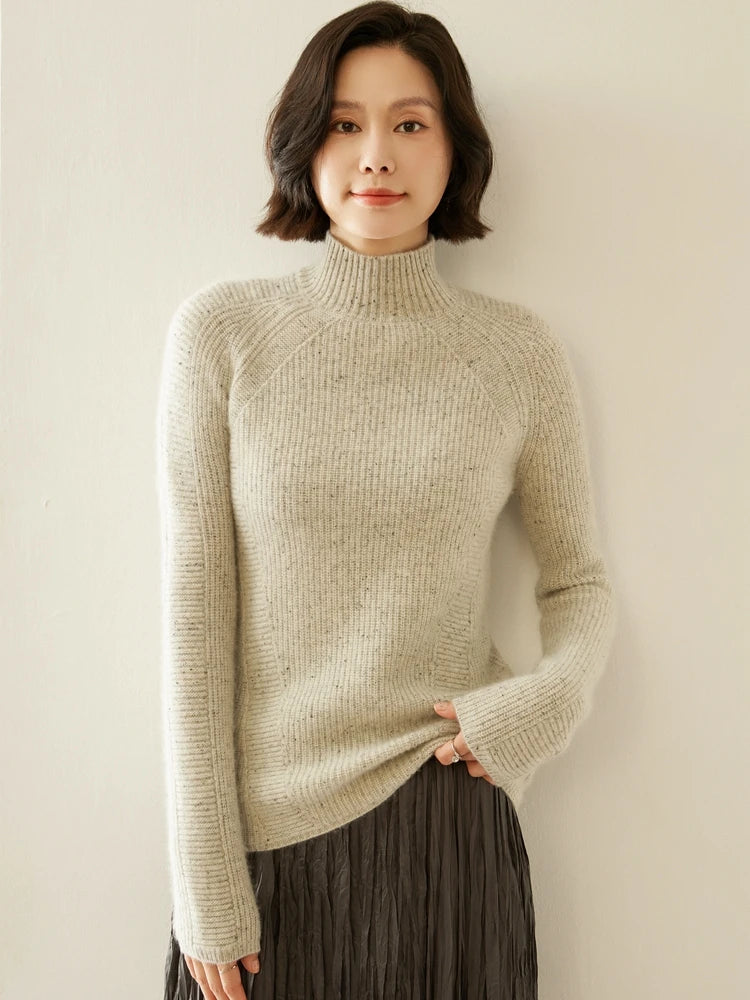 Women's Slim-fitting Fisherman rib cashmere sweater in Fern Breeze color, with sculptural raglan lines, mock neck, and diagonal purl panels — From Borcelleclothes.