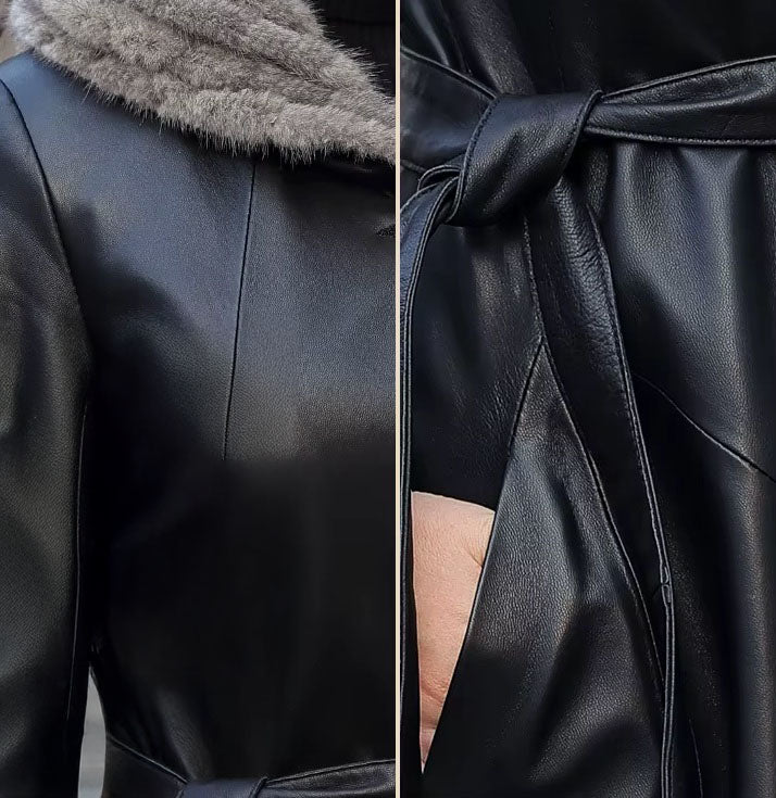 Women's Flared Hooded Coat in Onyx. Collage highlighting the bust and hidden side pocket, emphasizing the seamless leather craftsmanship. Borcelleclothes.