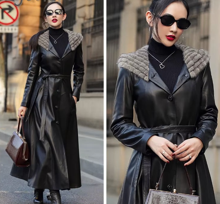 Women's Flared Hooded Coat in Onyx. Collage featuring the full-length silhouette and close-up of the upper part, showcasing the structured design. Borcelleclothes.