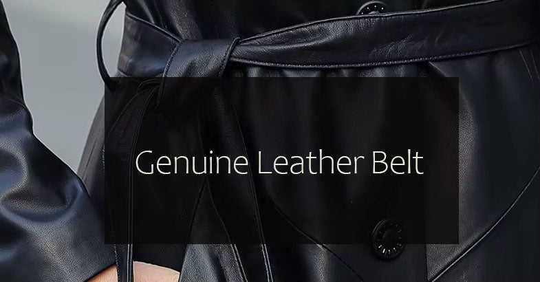 Women's Flared Hooded Coat in Onyx. Close-up of the genuine leather belt, cinching the waist for a structured yet fluid silhouette. Borcelleclothes.
