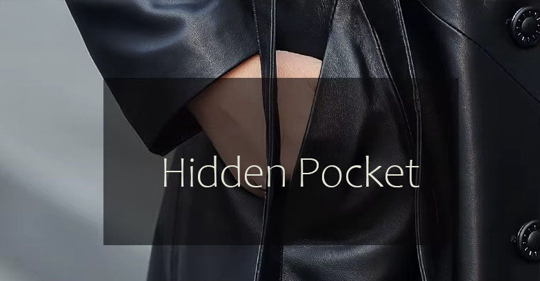 Women's Flared Hooded Coat in Onyx. Close-up showcasing the hidden seam side pocket, preserving the coat’s uninterrupted flow. Borcelleclothes.