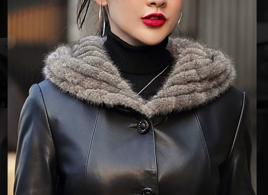 Women's Flared Hooded Coat in Onyx. Close-up of the upper section, featuring the sculpted hood, fitted bodice, and impeccable detailing. Borcelleclothes.