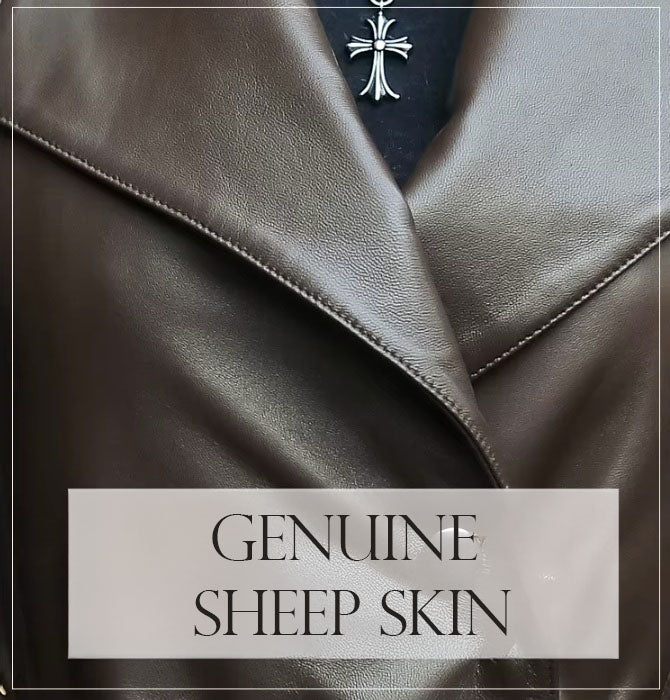 Women's Flowing Leather Coat in Taupe. Close-up of the structured lapel collar, crafted from premium genuine sheepskin, emphasizing sharp tailoring and elegance. Borcelleclothes.