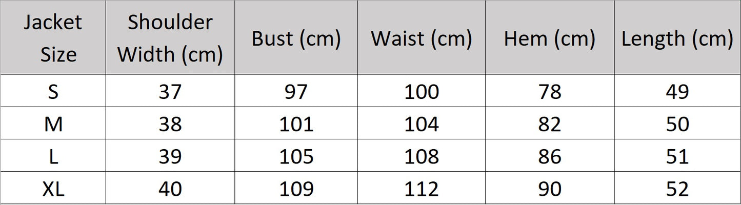 Size chart displaying measurements for the French Grey jacket. From Borcelleclothes.
