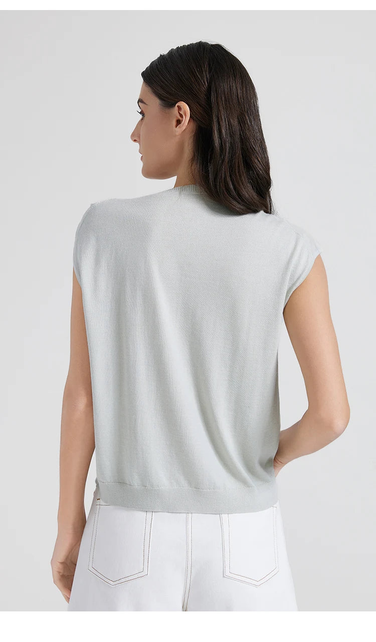 Rear view of the Geyser top, revealing ribbed neckline and understated drape. From Borcelleclothes.
