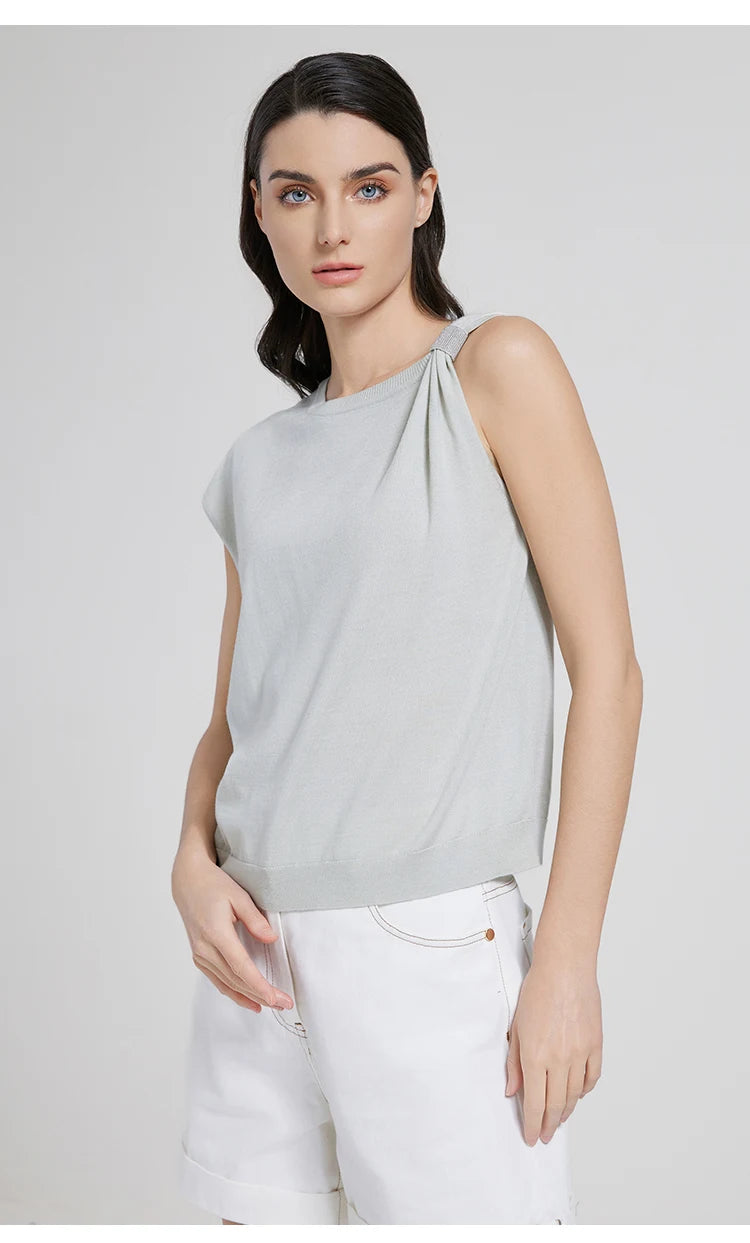Side angle of the Geyser top, emphasizing the soft folds radiating from the gathered shoulder. From Borcelleclothes.