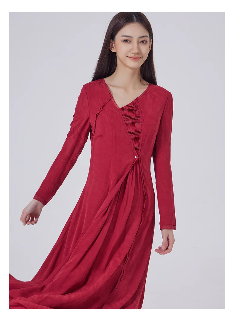 Model in Georgette-Jacquard silk dress as the skirt flows gently with movement, revealing layered draping. From Borcelleclothes.