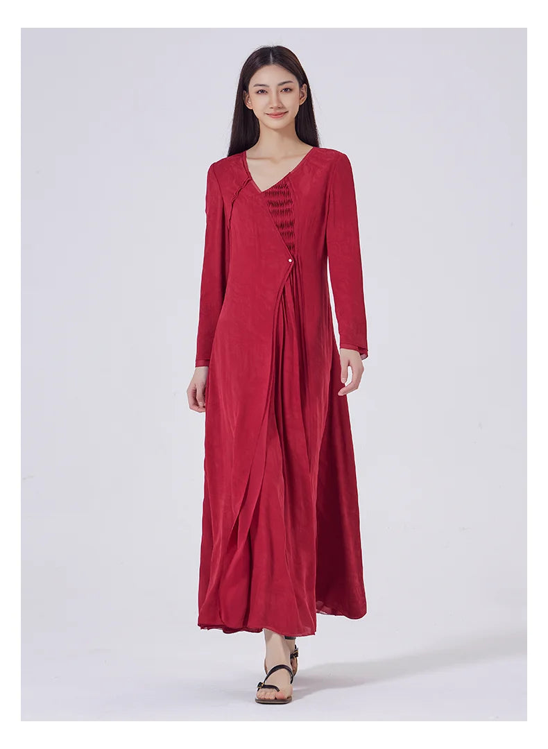 Model stepping forward, capturing the interplay of textures in jacquard and georgette with lace-lined edges. From Borcelleclothes.