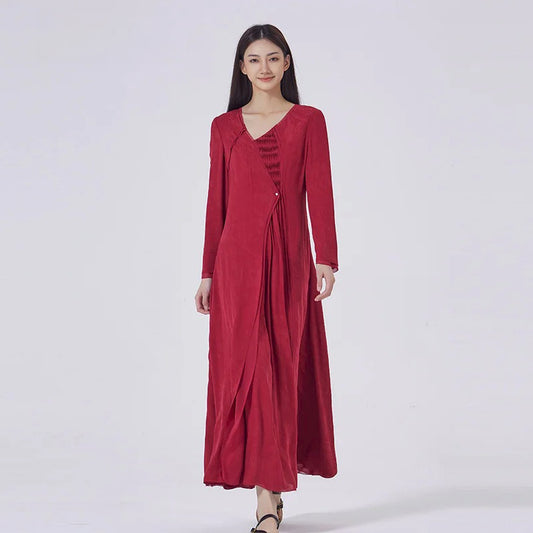 Women's Georgette-Jacquard Silk Dress in Deep Carmine, featuring front and back petal-like tucked panels, layered overlays, and lace-trimmed edges. From Borcelleclothes.