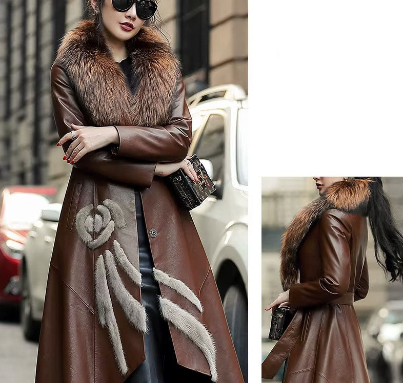 Collage of the Women's Goatskin Down Coat in Irish Coffee. Front and back views showcase the refined tailoring and commanding presence. Borcelleclothes.