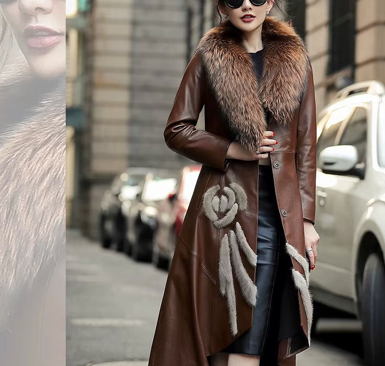 Collage of the Women's Goatskin Down Coat in Irish Coffee. Model walks the street and poses with a blurred background, highlighting the coat’s elegance. Borcelleclothes.