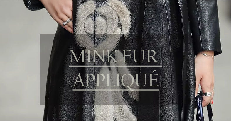 Women's Goatskin Down Coat in Onyx. Close-up of mink fur appliqué, an abstract floral motif of elegance and strength. Borcelleclothes.