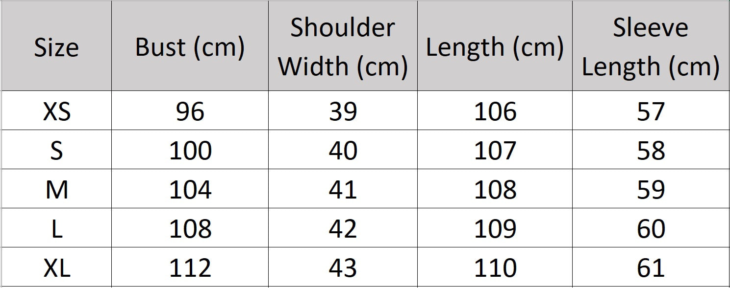 Women's size chart for a Grade A Cashmere Coat—crafted from 100% double-sided Grade A cashmere for unmatched softness and refinement. From Borcelleclothes.