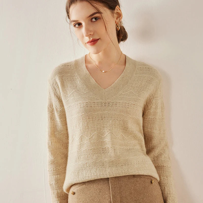 Women's Himalayan cashmere sweater in Fist Date color, with striped knit textures and diamond lattice cuffs — From Borcelleclothes.