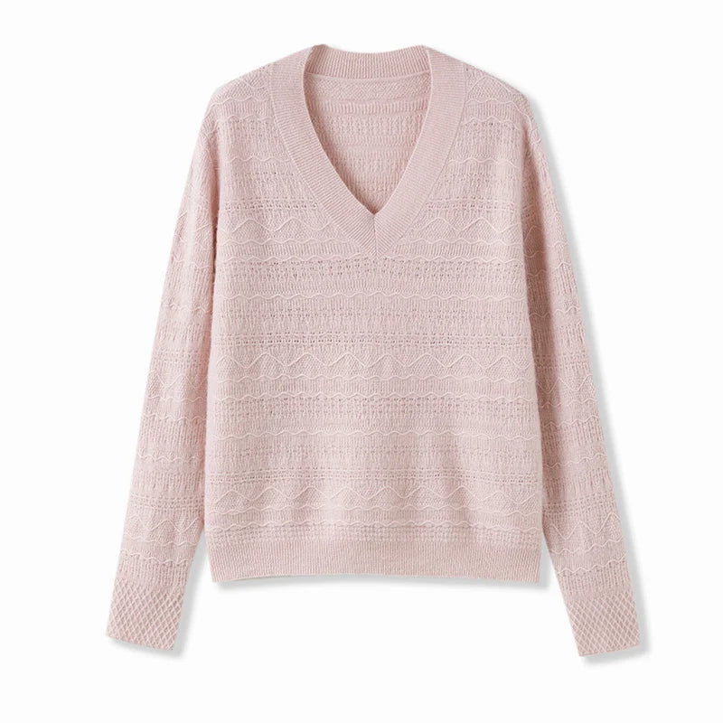 Front draping view of Himalayan cashmere sweater in French Romance — From Borcelleclothes.