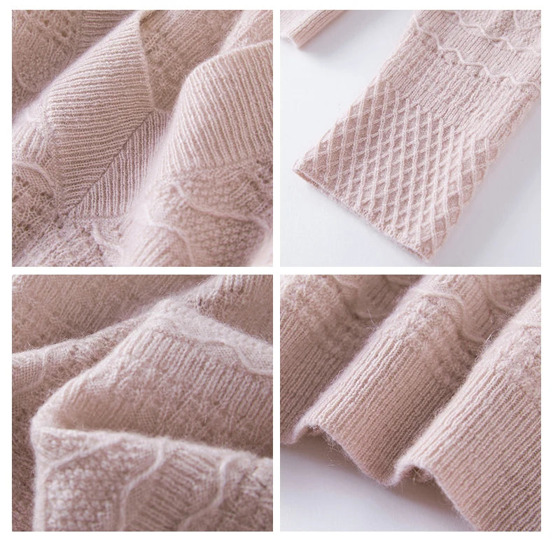 Collage of neckline, cuff, texture, and bottom hem — French Romance Himalayan cashmere sweater — From Borcelleclothes.