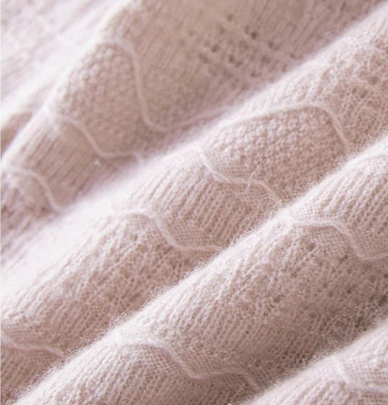 Texture detail of Himalayan cashmere sweater in French Romance — From Borcelleclothes.