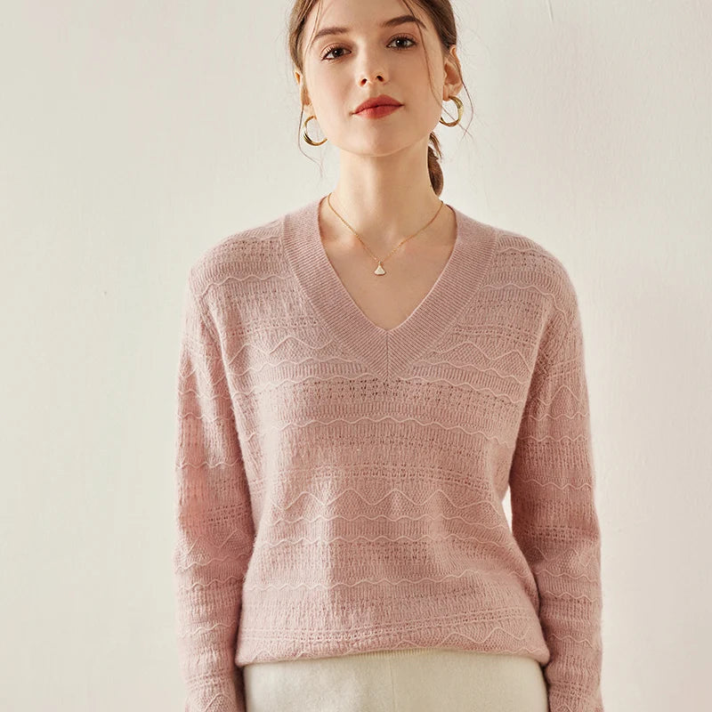 Women's Himalayan cashmere sweater in French Romance color, with striped knit textures and diamond lattice cuffs — From Borcelleclothes.