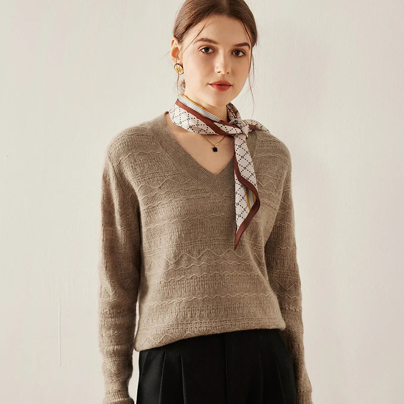 Himalayan cashmere sweater in Sweet Wood styled with a matching scarf — From Borcelleclothes.