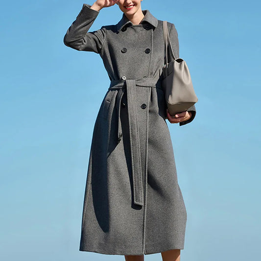 Women's iconic long cashmere coat in Concord, featuring a pointed collar and double-breasted silhouette. From Borcelleclothes.