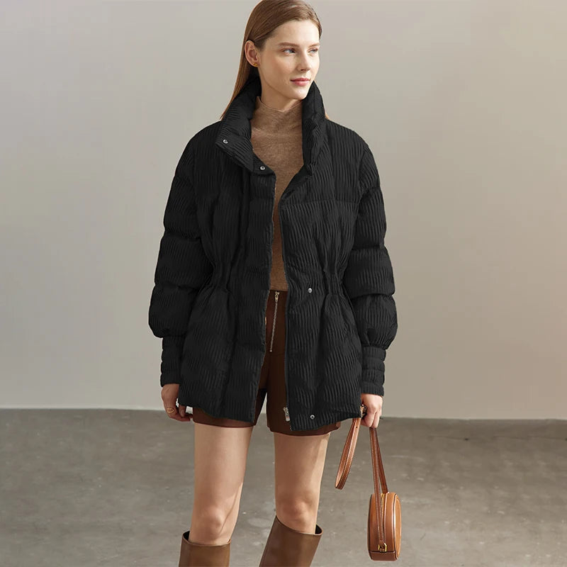 Women's jacquard down jacket in Onyx with high wrap-style collar, pleated waist, and gloss-matte zigzag texture. From Borcelleclothes.