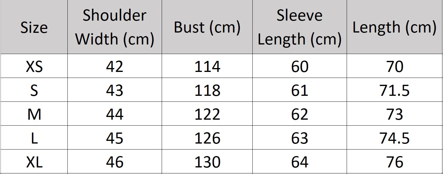 Women's size chart for a jacquard down jacket with high wrap-style collar, pleated waist, and gloss-matte zigzag texture. From Borcelleclothes.