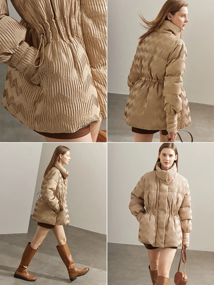 Collage showing front, side, back, and middle section of the Vanilla jacquard down jacket. From Borcelleclothes.