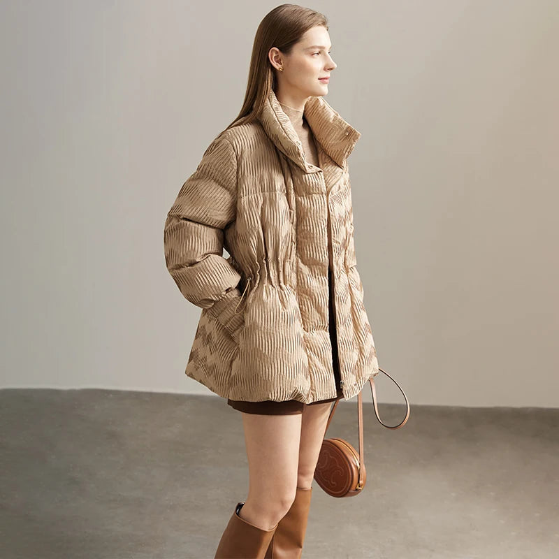 Women's jacquard down jacket in Vanilla with high wrap-style collar, pleated waist, and gloss-matte zigzag texture. From Borcelleclothes.