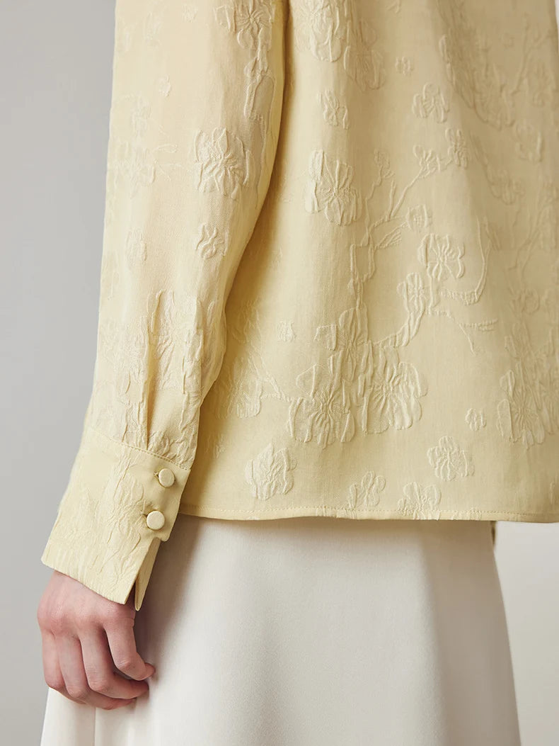 Back bottom section of model wearing jacquard silk blouse in Hampton. From Borcelleclothes.